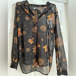 LOFT | Black Sheer Blouse with Gold Flower Pattern